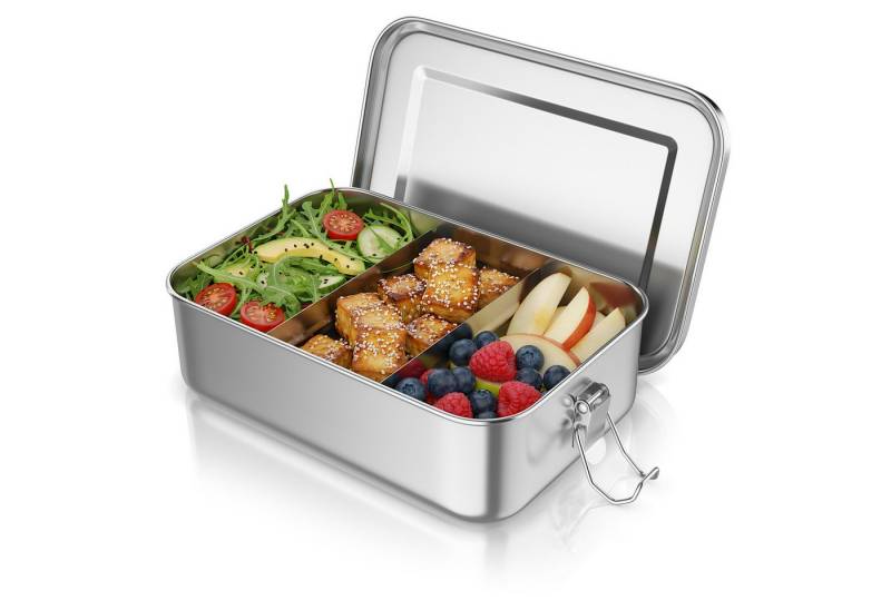 Arendo Lunchbox Edelstahl Brotdose 1400 ml mit Fächern, für Kinder und Erwachsene, Edelstahl, (1-tlg., 2 Trennstege, 2 Silikondichtungen), auslaufsicher, entnehmbare Trennstege, Dichtung, lebensmittelecht von Arendo