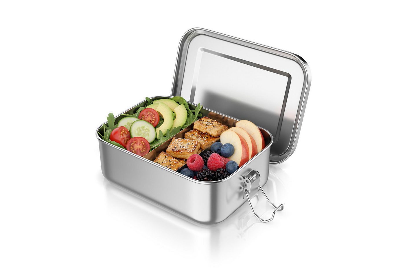 Arendo Lunchbox Edelstahl Brotdose 800 ml mit Fächern, für Kinder und Erwachsene, Edelstahl, (1-tlg., 2 Trennstege, 2 Silikondichtungen), auslaufsicher, entnehmbare Trennstege, Dichtung, lebensmittelecht von Arendo