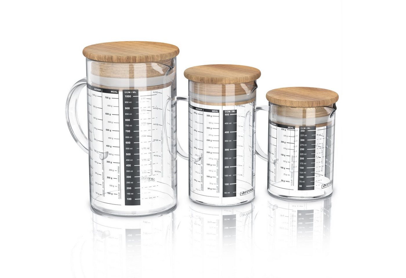 Arendo Messbecher 250ml, 500 ml & 1000 ml Glas Messkrug Set mit Bambusdeckel, luftdicht, Glas, (Set), Küchenbehälter, Silikondichtung, für Mehl Zucker Gewürze Süßigkeiten von Arendo