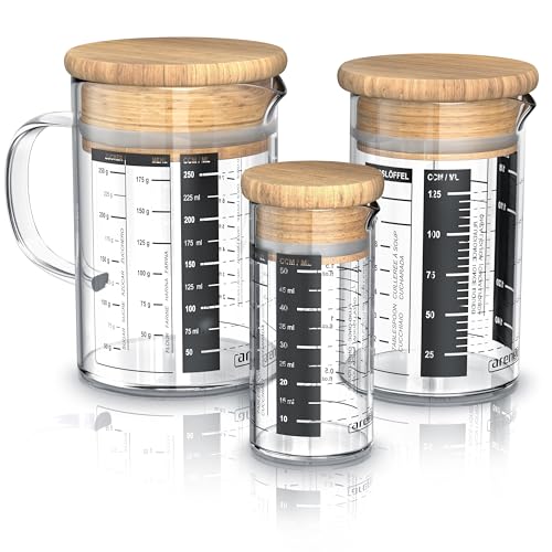 Arendo - Messbecher Set aus Glas - Größen 250ml, 125ml, 50ml (0,25l 0,125l 0,05l), Messkrug Glas Krug, Borosilikatglas, präzise Skala, hitzebeständig, Glasbehälter mit Bambusdeckel, Silikondichtung von Arendo