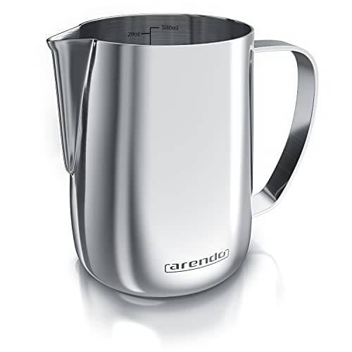 Arendo - Milchkännchen Edelstahl 600ml - Aufschäumer Kännchen – Milchkanne – milk pitcher - rostfreier Edelstahl – zum Milch Aufschäumen – spülmaschinenfest - Messskala - für Barista Cappuccino Latte von Arendo