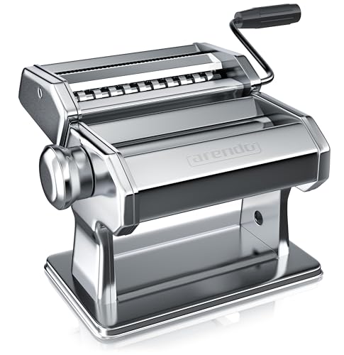 Arendo - Nudelmaschine Pasta Maker – Edelstahl – Nudelpresse – 7 einstellbare Stärken - manuell - Duplexvorsatz für Tagliolini Spaghetti Fettuccine Tagliatelle 2mm und 6 mm - Silber von Arendo
