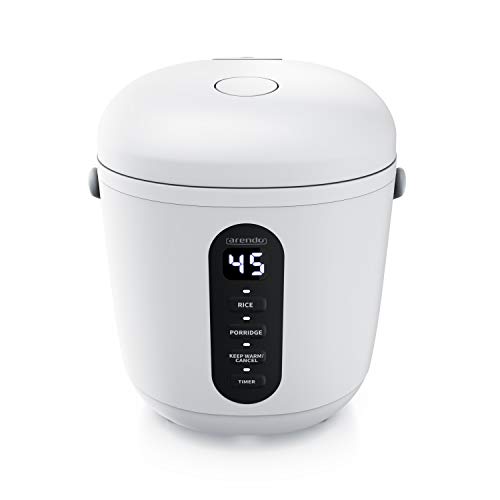 Arendo - Reiskocher - 300 Watt - mit Messbecher und Reislöffel – 2 Kochprogramme – Timer – Warmhaltefunktion – LED-Anzeige – beidseitig beschichtet - spülmaschinen geeignet – mini klein 0,8L - weiß von Arendo