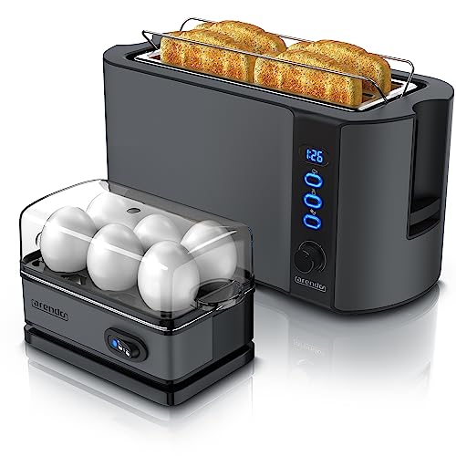 Arendo - SET Eierkocher SIXCOOK mit Toaster FRUKOST Edelstahl Cool Grey, Toaster 4 Scheiben, LED-Display, 6 Bräunungsgrade, Brötchenhalter - Eierkocher 1-6 Eier, Messbecher von Arendo