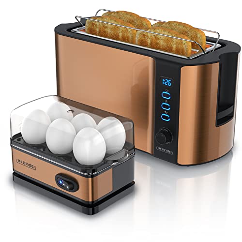 Arendo - SET Toaster FRUKOST mit Eierkocher SIXCOOK Edelstahl Kupfer, Toaster 4 Scheiben, LED-Display, 6 Bräunungsgrade, Brötchenhalter - Eierkocher 1-6 Eier, Messbecher von Arendo