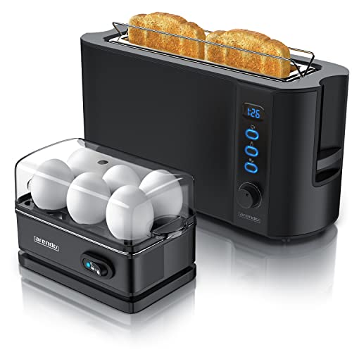 Arendo - SET Toaster FRUKOST mit Eierkocher SIXCOOK Edelstahl Schwarz, Toaster 2 Scheiben, LED-Display, 6 Bräunungsgrade, Brötchenhalter - Eierkocher 1-6 Eier, Messbecher von Arendo