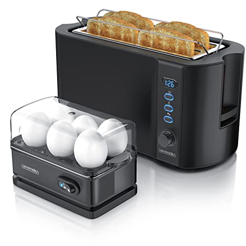 Arendo - SET Eierkocher SIXCOOK mit Toaster FRUKOST Edelstahl Schwarz, Toaster 4 Scheiben, LED-Display, 6 Bräunungsgrade, Brötchenhalter - Eierkocher 1-6 Eier, Messbecher von Arendo