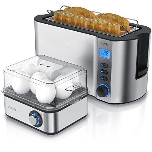 Arendo SET Toaster MANHA mit Eierkocher EIGHTCOOK Edelstahl Silber Toaster 4 Scheiben LED-Display 6 Bräunungsgrade Brötchenhalter Eierkocher 1-8 Eier Messbecher von Arendo