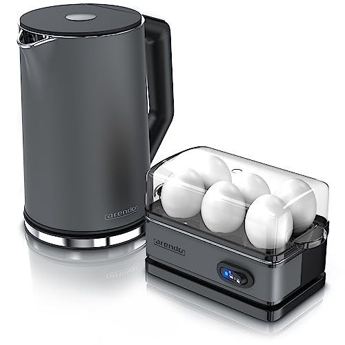 Arendo - SET Wasserkocher ELEGANT mit Eierkocher THREECOOK Edelstahl Cool Grey, Wasserkocher 1,5L 40° - 100°C Warmhaltefunktion, Eierkocher 1-6 Eier, Messbecher von Arendo