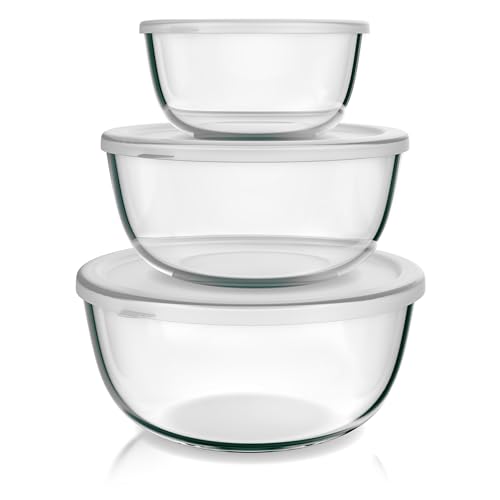 Arendo - Salatschüssel aus Glas mit Deckel - Glasschüssel 3er Set - 1100ml + 2700ml + 4400ml – Rührschüsseln klein bis groß – Borosilikatglas - Glasschale Salatglasschale von Arendo