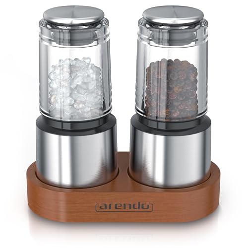 Arendo - Salz und Pfeffermühle - 2er Set mit Holzständer - Gewürzmühlen - Pfeffermühle Salzmühle 30 ml 15-30 g – Keramikmahlwerk – Salz Pfeffer getrocknete Kräuter - Silber Edelstahl von Arendo