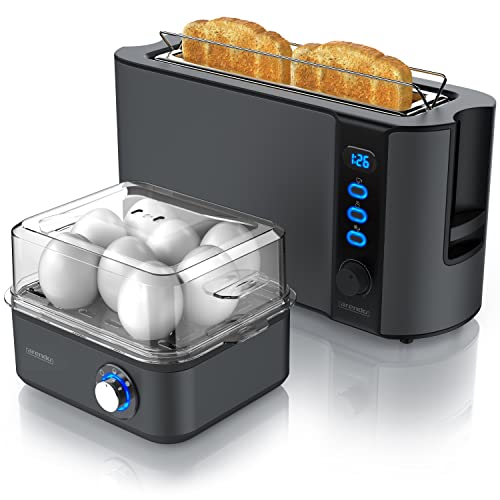 Arendo SET Toaster FRUKOST mit Eierkocher EIGHTCOOK Edelstahl Cool Grey Toaster 2 Scheiben LED-Display 6 Bräunungsgrade Brötchenhalter Eierkocher 1-8 Eier Messbecher von Arendo