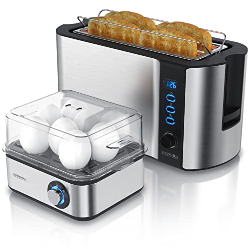 Arendo SET Toaster FRUKOST mit Eierkocher EIGHTCOOK Edelstahl Silber Toaster 4 Scheiben LED-Display 6 Bräunungsgrade Brötchenhalter Eierkocher 1-8 Eier Messbecher von Arendo