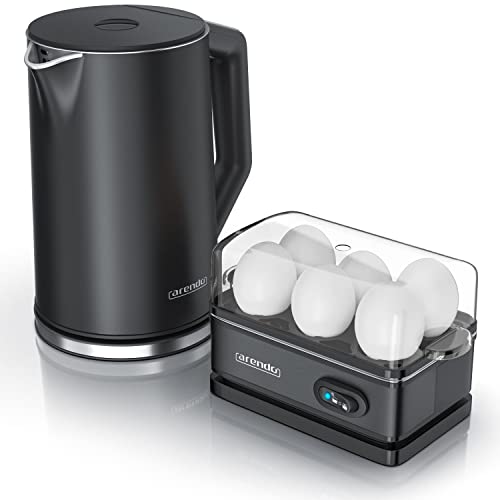 Arendo - Set Wasserkocher ELEGANT mit Eierkocher SIXCOOK Edelstahl Schwarz, Wasserkocher 1,5L 40° - 100°C Warmhaltefunktion, Eierkocher 1-6 Eier, Messbecher von Arendo