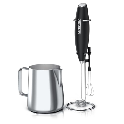 Arendo - Stab Milchaufschäumer elektrisch inkl. Edelstahl Milchkännchen - elektrischer Handmilchaufschäumer – Schneebesen und Dual-Quirl - Edelstahl Milchkännchen 350 ml – milk jug – tropffrei - BPA von Arendo