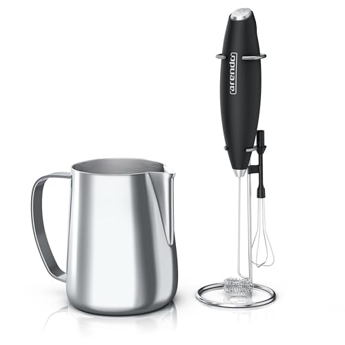 Arendo - Stab Milchaufschäumer elektrisch inkl. Edelstahl Milchkännchen - elektrischer Handmilchaufschäumer – Schneebesen und Dual-Quirl - Edelstahl Milchkännchen 600 ml – milk jug – BPA frei von Arendo