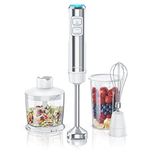 Arendo - Stabmixer Edelstahl 1200 Watt Set - DC Motor - inkl. 800 ml Messbecher + Schneebesen - 2 Geschwindigkeitsstufen – Turbotaste – abnehmbarer Edelstahl Mixfuß - blaue LEDs - weiß von Arendo