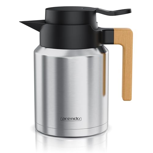 Arendo - Thermoskanne 1l Edelstahl – doppelwandig – 1200 ml – SUS 201/304 Edelstahl – Griff aus Buche Echtholz - Quick Tip-Verschluss - auslaufsicher – abnehmbarer Deckel - BPA-frei von Arendo
