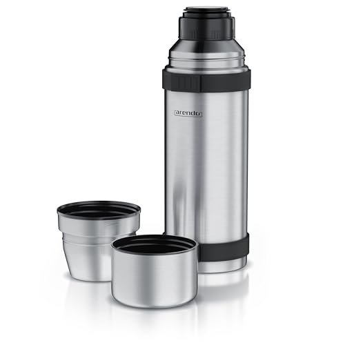 Arendo - Thermoskanne 1l Edelstahl – mit 2 Becher - Thermosflasche doppelwandig - 1000ml - One Click Verschluss - auslaufsicher – abnehmbarer Deckel – BPA frei – Kohlensäurefest - silber von Arendo