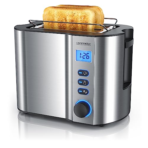 Arendo - Toaster 2 Scheiben Edelstahl mit Restzeitanzeige - 800 Watt - Doppelwandgehäuse - Integrierter Brötchenaufsatz - 6 Bräunungsgrade - kurz - Brotscheibenzentrierung – beleuchtetes LCD-Display von Arendo