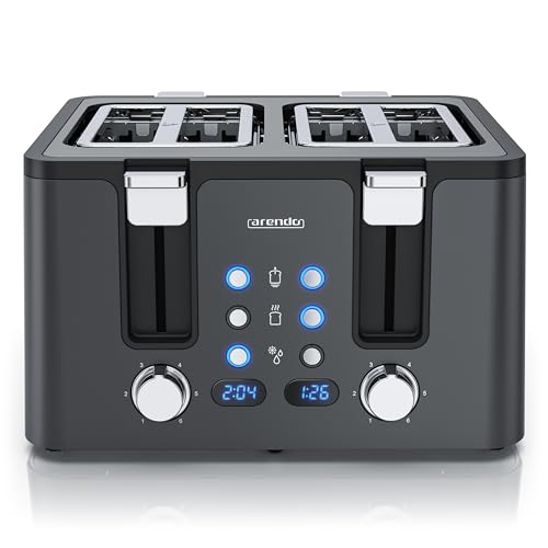 Arendo - Toaster 4 Scheiben Edelstahl - mit Brötchenaufsatz - 4 Schlitze - LED Anzeige Restzeitanzeige – Doppelwandgehäuse - Defrost Funktion - Krümelschublade - 6 Bräunungsgrade - Cool Grey Design von Arendo