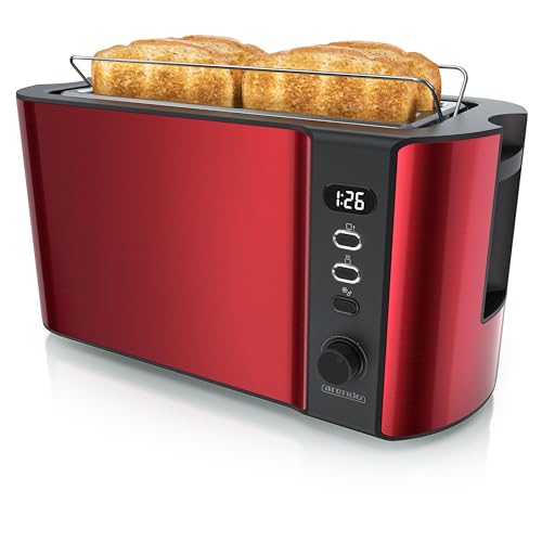 Arendo - Toaster 4 Scheiben Langschlitz Edelstahl - Defrost Funktion - wärmeisolierendes Gehäuse - mit integrierten Brötchenaufsatz - 1500W - Krümelschublade - Display mit Restzeitanzeige - Rot Arendo - Toaster 4 Scheiben Langschlitz Edelstahl - Defrost Funktion - wärmeisolierendes Gehäuse - mit integrierten Brötchenaufsatz - 1500W - Krümelschublade - Display mit Restzeitanzeige - Rot von Arendo
