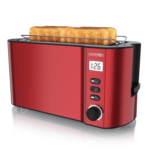 Arendo - Toaster Edelstahl Langschlitz 4 Scheiben - Doppelwandgehäuse - Integrierter Brötchenhalter - Bräunungsgrade 1-6 - Brotzentrierung – Display mit Restzeitanzeige - Rot Metallic von Arendo