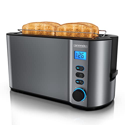 Arendo - Toaster Edelstahl Langschlitz 4 Scheiben - Doppelwandgehäuse - Integrierter Brötchenhalter - Bräunungsgrade 1-6 - Brotzentrierung – automatisch Abschaltung – Display mit Restzeitanzeige von Arendo