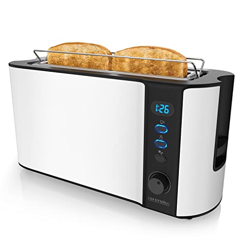 Arendo - Toaster Langschlitz 2 Scheiben - Defrost Funktion - 1000W - Doppelwandgehäuse - Integrierter Brötchenaufsatz - Bräunungsgrade 1-6 - Display mit Restzeitanzeige - Edelstahl weiß von Arendo