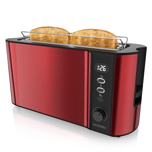 Arendo - Toaster Langschlitz 2 Scheiben - Defrost Funktion - 1000W - Doppelwandgehäuse - Integrierter Brötchenaufsatz - Bräunungsgrade 1-6 - Display mit Restzeitanzeige - Karminrot Metallic von Arendo