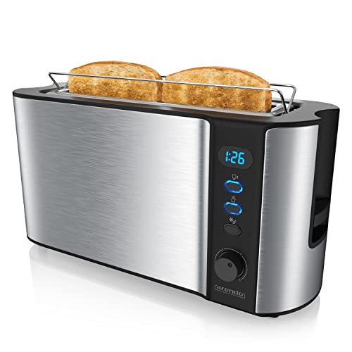 Arendo - Toaster Langschlitz Edelstahl - 2 Scheiben - Defrost Funktion - Wärmeisolierendes Doppelwandgehäuse - mit Brötchenaufsatz - herausziehbare Krümelschublade - Silber Edelstahl von Arendo