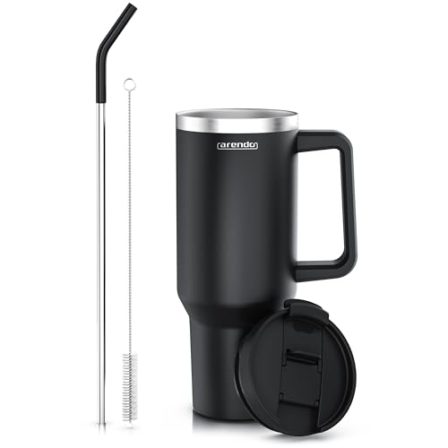 Arendo – Trinkflasche Thermobecher Doppelwandig - 1200 ml – Vakuumgehäuse Edelstahl - Kaffeebecher Auslaufsicher - luftdichter Verschluss - mit Strohhalm - Für Heiß- und Kaltgetränke von Arendo