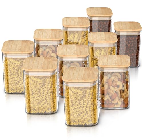 Arendo - Vorratsgläser mit Deckel - 10er Set - Behälter aus Glas – hitzebeständig – Vorratsdosen mit Bambusdeckel - luftdicht - für Müsli Zucker Mehl Kaffee Reis von Arendo