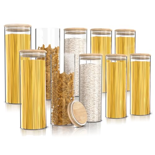 Arendo - Vorratsgläser mit Deckel - 10er Set - Behälter aus Glas – hitzebeständig – Vorratsdosen mit Bambusdeckel - luftdicht - für Spaghetti Müsli Zucker Mehl Kaffee Reis von Arendo