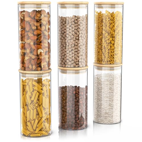 Arendo - Vorratsgläser mit Deckel - 6er Set - Behälter aus Glas – hitzebeständig – Vorratsdosen mit Bambusdeckel - luftdicht - für Spaghetti Müsli Zucker Mehl Kaffee Reis von Arendo