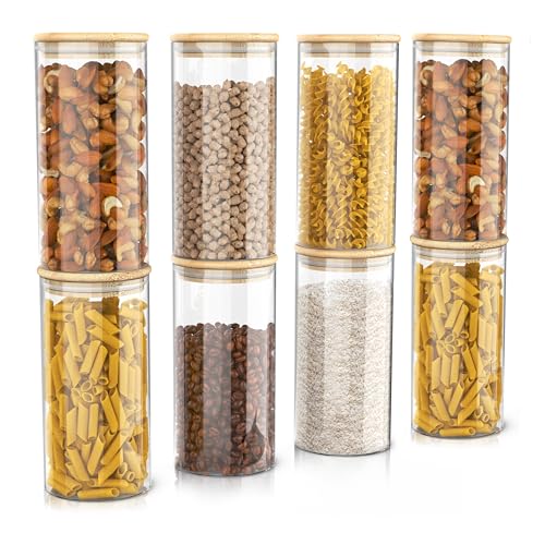 Arendo - Vorratsgläser mit Deckel - 8er Set - Behälter aus Glas – hitzebeständig – Vorratsdosen mit Bambusdeckel - luftdicht - für Müsli Zucker Mehl Kaffee Reis von Arendo