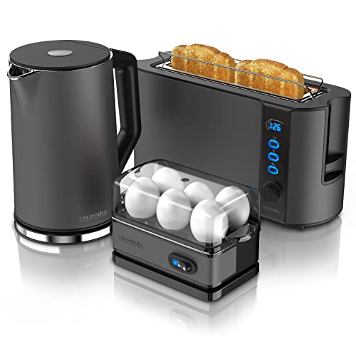 Arendo - Wasserkocher mit Toaster SET, Wasserkocher 2200W 1,5 L, wählbaren Temperaturstufen, 1000W Langschlitz Toaster für 2 Scheiben Toast und Brötchenaufsatz, Eierkocher für 1-6 Eier, BPA frei von Arendo