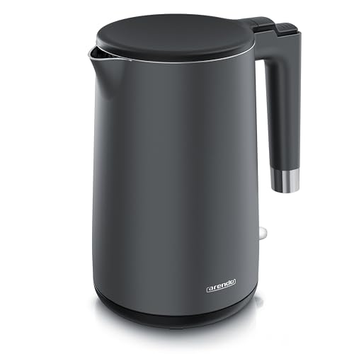 Arendo - Wasserkocher Edelstahl – 1,5 Liter - 2200 Watt – Doppelwand-Design – 360° Controller – BPA-frei – Überhitzungs- und Trockengehschutz - Schwarz Cool Grey Matt von Arendo