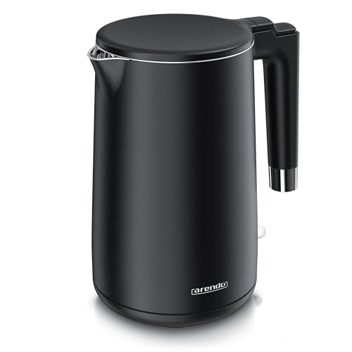 Arendo - Wasserkocher Edelstahl – 1,5 Liter - 2200 Watt – Doppelwand-Design – 360° Controller – BPA-frei – Überhitzungs- und Trockengehschutz - schwarz matt von Arendo