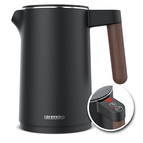 Arendo - Wasserkocher Edelstahl mit Temperatureinstellung - 45°C-100°C - 1.5 Liter - Doppelwand - BPA frei - Warmhaltefunktion - Teekocher mit Temperaturanzeige - Griff Cool Touch - Schwarz von Arendo