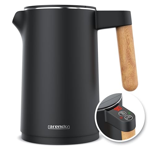 Arendo - Wasserkocher Edelstahl mit Temperatureinstellung - 45°C-100°C - 1.5 Liter - Doppelwand - BPA frei - Warmhaltefunktion - Teekocher mit Temperaturanzeige - Griff Cool Touch - Schwarz von Arendo