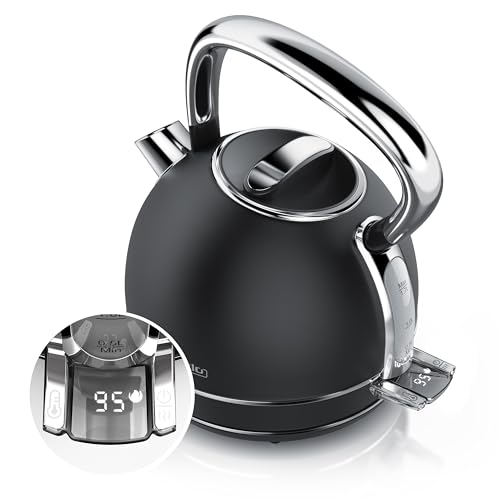 Arendo - Wasserkocher Edelstahl mit Temperatureinstellung, LED Anzeige mit Touch Panel - Wasserkessel Retro Vintage, 1,7 Liter, Warmhaltefunktion, Zwischenmessung, austauschbarer Kalkfilter, Schwarz von Arendo