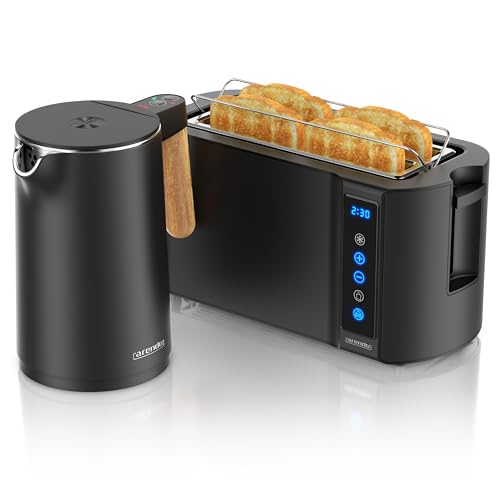 Arendo - Wasserkocher Toaster SET - Edelstahl - Wasserkocher mit Temrpatureinstellung - 45-100 Grad - Warmhaltefunktion - Toaster 4 Scheiben mit Touch Display - mit Brötchaufsatz - Schwarz Matt von Arendo