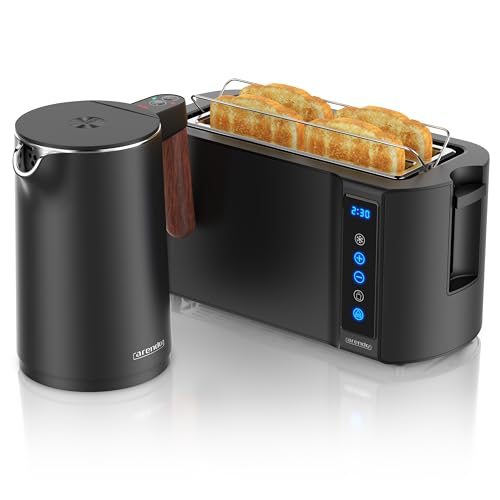 Arendo - Wasserkocher Toaster SET - Edelstahl - Wasserkocher mit Temrpatureinstellung - 45-100 Grad - Warmhaltefunktion - Toaster 4 Scheiben mit Touch Display - mit Brötchaufsatz - Schwarz Matt von Arendo