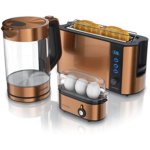 Arendo - Wasserkocher mit Toaster SET Edelstahl Kupfer, Wasserkocher 1,7L 2200W Warmhaltefunktion Toaster 2 Scheiben 1000W mit Brötchenaufsatz und 6 Bräunungsgraden, Eierkocher 1-3 Eier Messbecher von Arendo