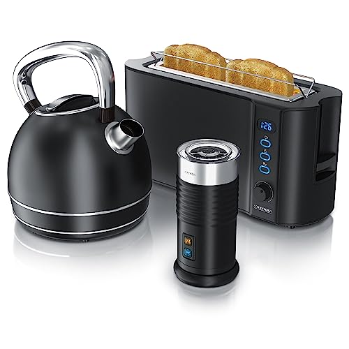 Arendo - Wasserkocher mit Toaster Set, 1,7 Liter Wasserkocher + automatischer Milchaufschäumer + Langschlitz Toaster 2 Scheiben Toaster mit Brötchenaufsatz von Arendo