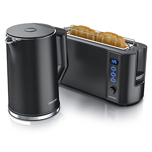 Arendo - Wasserkocher mit Toaster SET Edelstahl Schwarz, Wasserkocher 1,5L 40°-100°C Warmhaltefunktion Toaster 2 Scheiben LED-Display 6 Bräunungsgrade Brötchaufsatz von Arendo