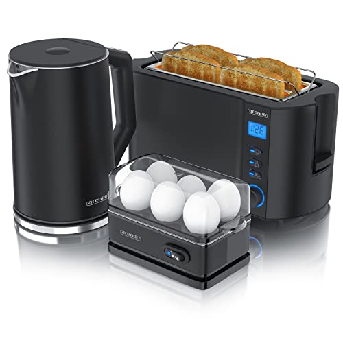 Arendo - Wasserkocher mit Toaster SET und Eierkocher, Edelstahl Schwarz Wasserkocher 1,5L 40° - 100°C Toaster 4 Scheiben LED-Display 6 Bräunungsgrade Eierkocher 1-6 Eier Messbecher BPA frei von Arendo