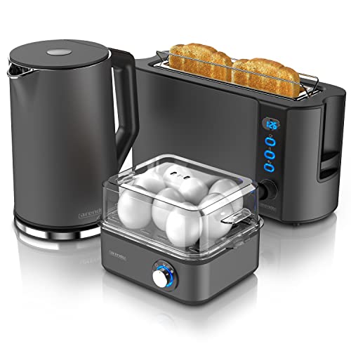 Arendo - Wasserkocher mit Toaster SET und Eierkocher Edelstahl Cool Grey Wasserkocher 1,5L 40° - 100°C Toaster 2 Scheiben LED-Display 6 Bräunungsgrade Eierkocher 1-8 Eier Messbecher von Arendo