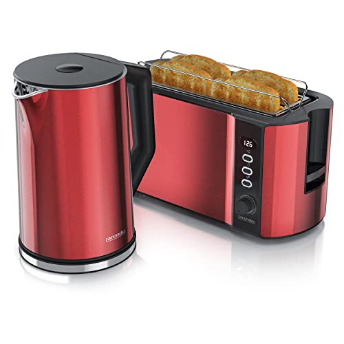 Arendo - Wasserkocher mit Toaster SET Edelstahl Rot, Wasserkocher 1,5L, 40° 100°C Warmhaltefunktion Toaster 4 Scheiben LED-Display 6 Bräunungsgrade Brötchaufsatz von Arendo